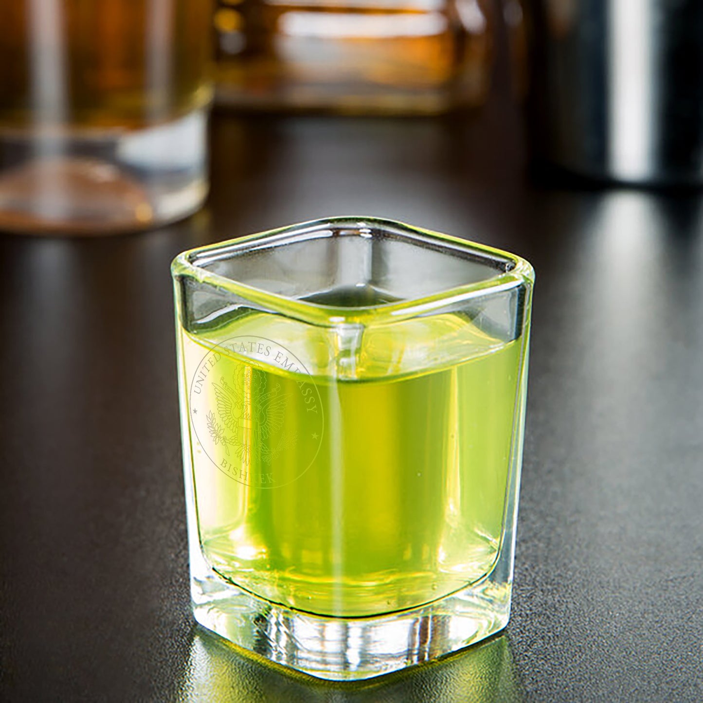 Engraved Arcoroc Square Shot Glasses (Two): Bishkek