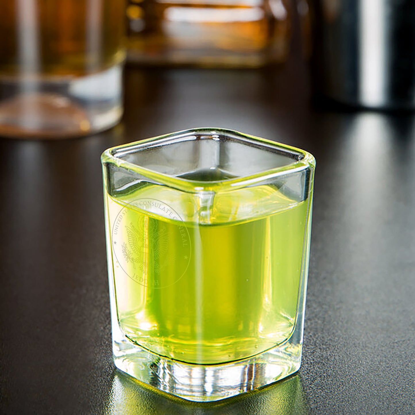 Engraved Arcoroc Square Shot Glasses (Two): Jeddah