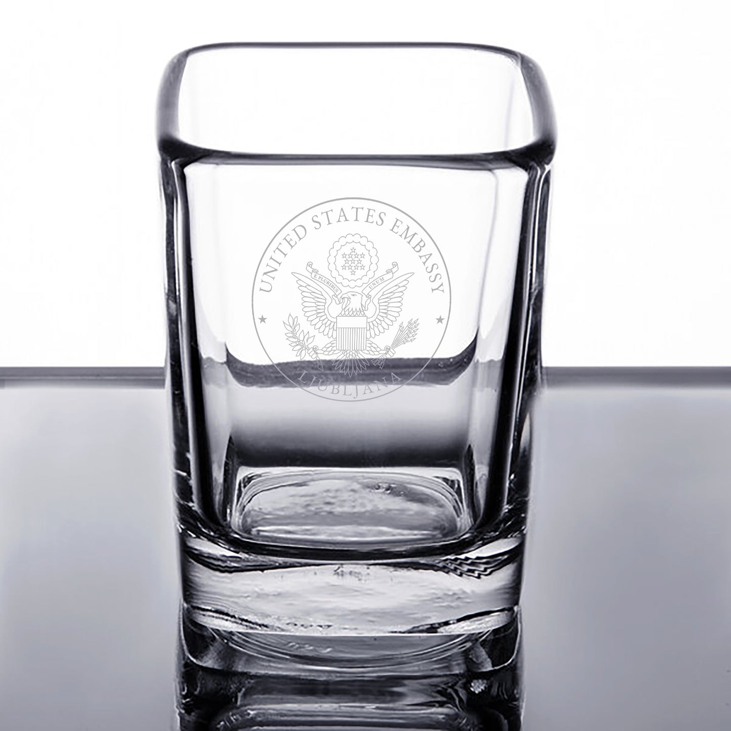 Engraved Arcoroc Square Shot Glasses (Two): Ljubljuana