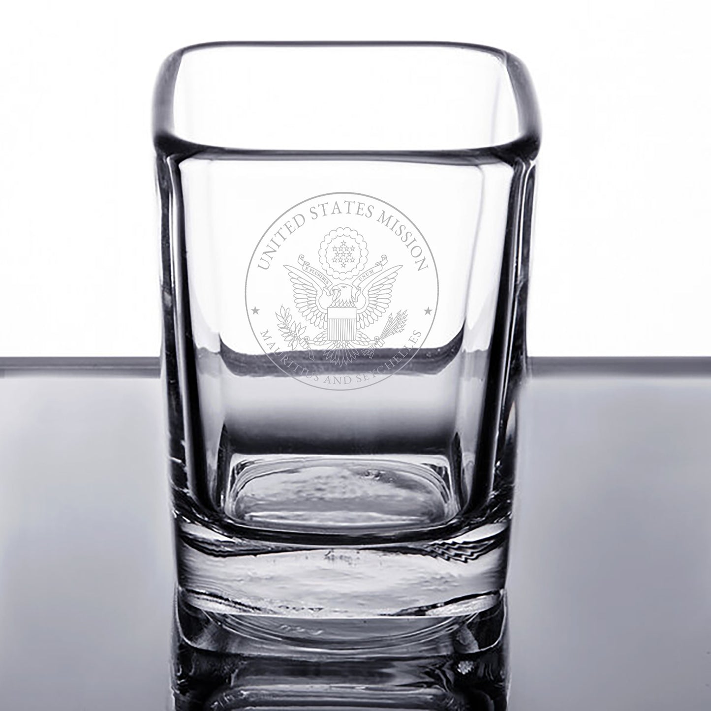 Engraved Arcoroc Square Shot Glasses (Two): Mauritius and Seychelles