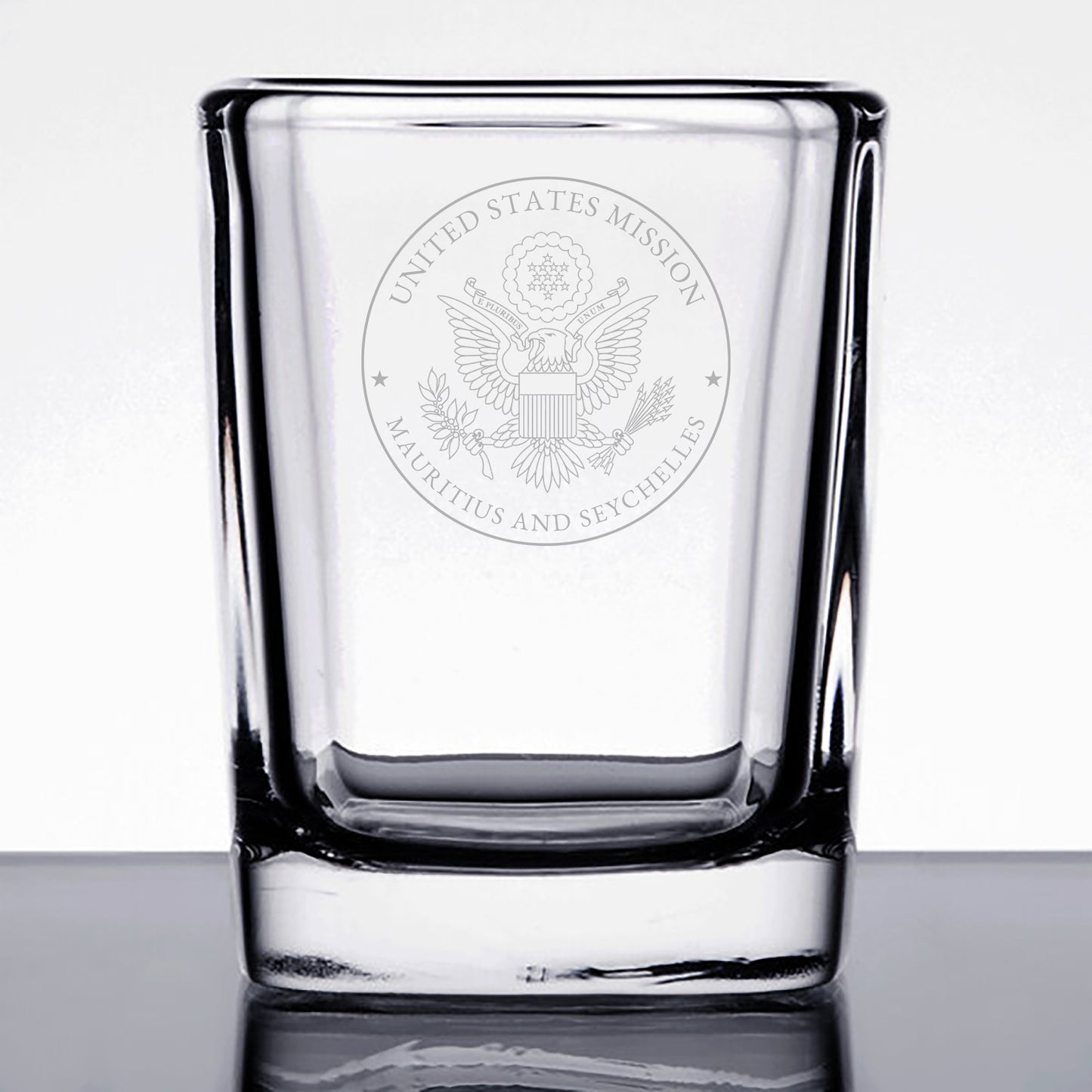 Engraved Arcoroc Square Shot Glasses (Two): Mauritius and Seychelles