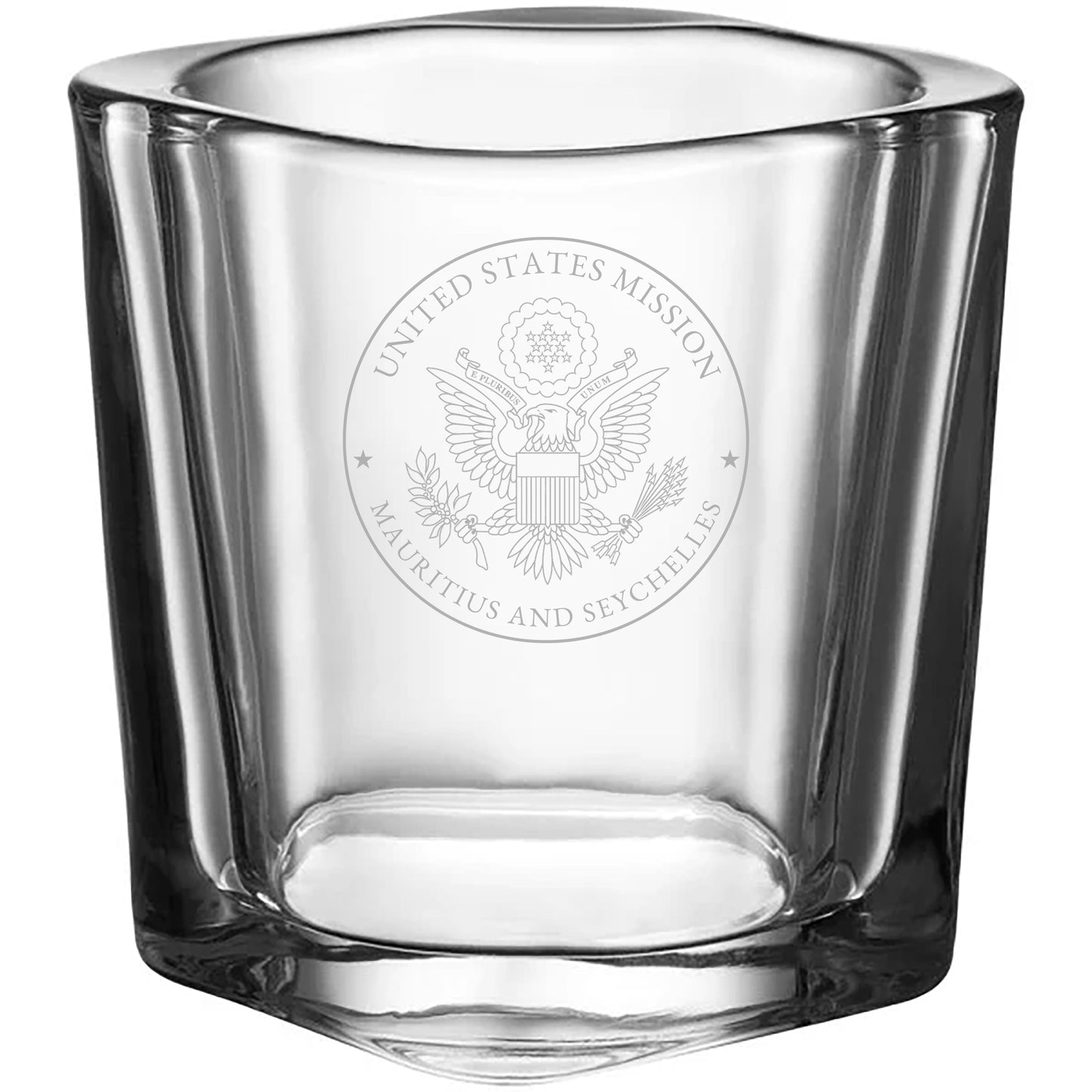 Engraved Square Shot Glasses (Two): Mauritius and Seychelles