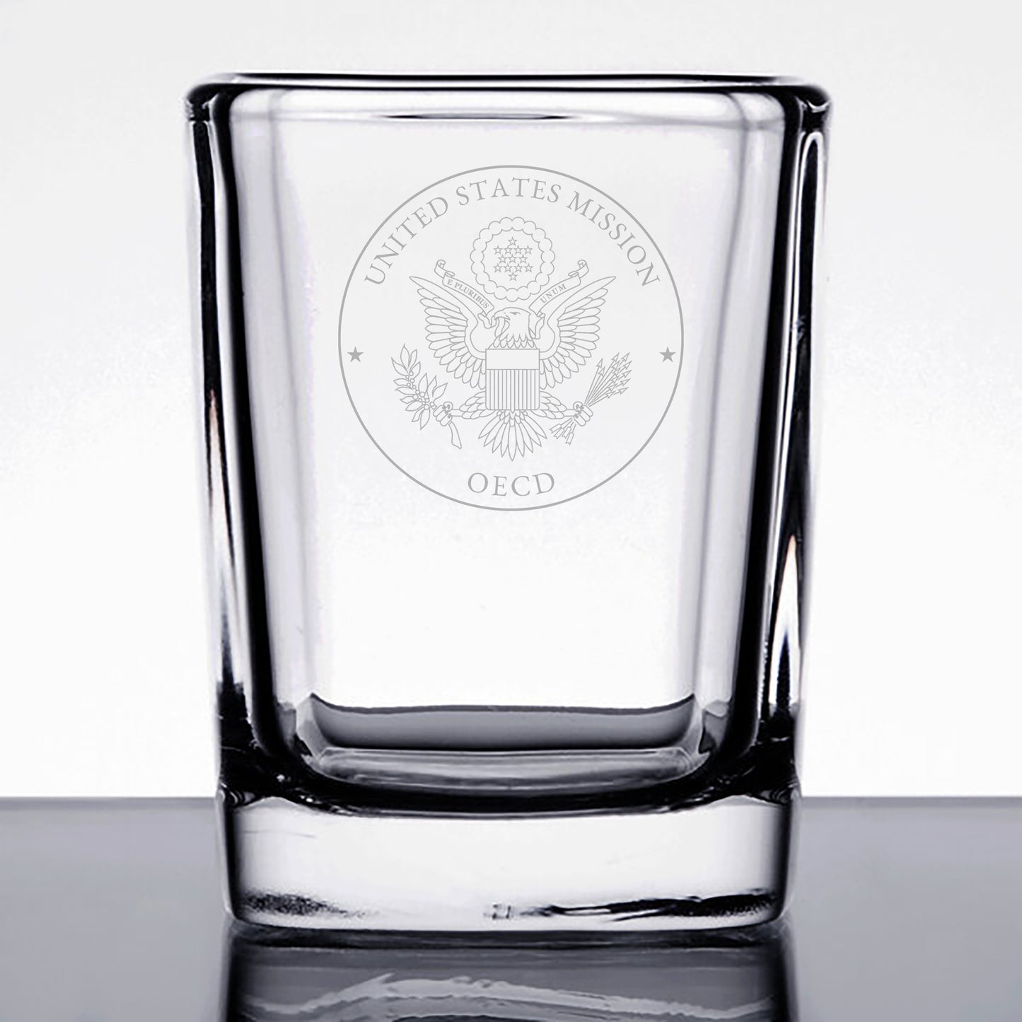 Engraved Arcoroc Square Shot Glasses (Two): OECD