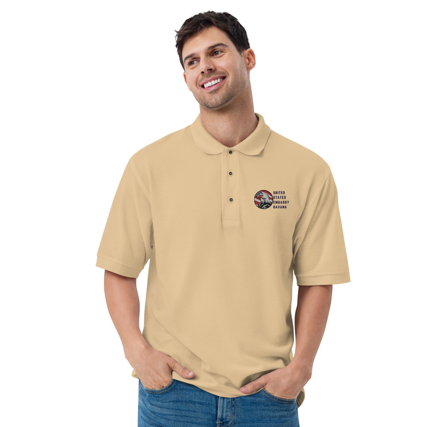 Men's Embroidered Polo, Watchful Eagle:Havana