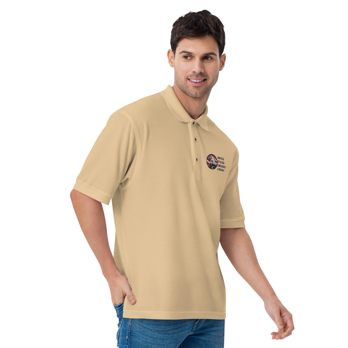Men's Embroidered Polo, Watchful Eagle:Lusaka